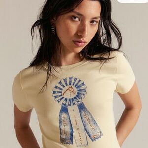 Free People Cream Top with Blue Ribbon Graphic